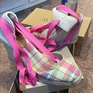 Pink Plaid Espadrille Wedge Sandals with Ankle Tie j.Crew hardly worn vintage